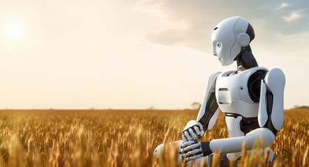 Robot farmer on an agricultural wheat field. Smart farming concept.