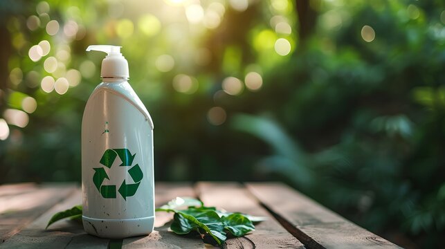 A green, eco-friendly shampoo, detergent, or soap bottle featuring a prominent recycling symbol, indicating sustainable packaging designed for environmentally conscious household cleaning.