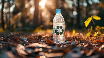 A single clear plastic bottle with a green recycling symbol prominently displayed, representing PET packaging ready for recycling as part of environmental waste management efforts. - obrazy, fototapety, plakaty