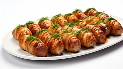  a close up of a plate of food with meat wrapped in croissants and garnishes.
