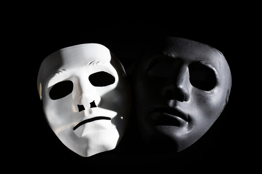 Comedy and tragedy, black and white mask, theatrical symbols, acting on stage