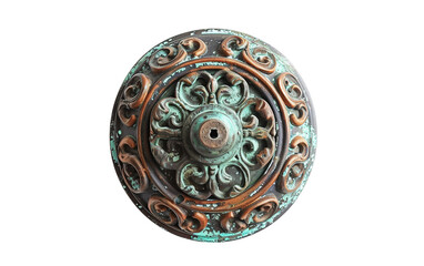 Antique Cast Iron Doorbell with Rustic Patina and Decor On Transparent Background.
