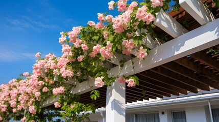 Flowers decoration on wooden pergola roof. Landscape home design background. Ivy plant on the white wooden slatted roof. - obrazy, fototapety, plakaty