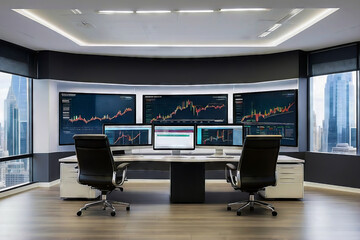 the Stock Market Office. Financial Transaction, Global Markets. e-Commerce Investment Strategy Office. Modern Monitoring Office with Live Analytics Feed on Digital Screens. Monitoring Room
