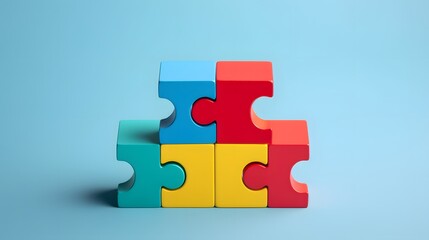 Four jigsaw puzzle blocks different colors are put together perfect with goal target icon on blue background, minimalist. Business partnership, teamwork, difference, unity and collaboration concepts.