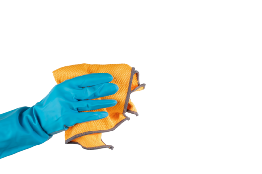 Sanitary cleanup, cleaning rag, hand with glove, professional hygiene service, isolated