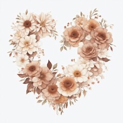 brown Watercolor Flowers in Shape of Heart on White Background