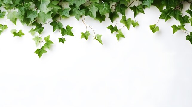Green ivy leaves climbing on white wall background with copy space, vertical style. Creeper vine plant backgrounds.