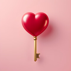 Minimal concept of a red heart and a gold key isolated on pink background. Contemporary love concept. Creative Valentine's Day.
