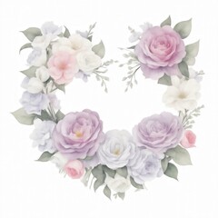 colorful Watercolor Flowers in Shape of Heart on White Background