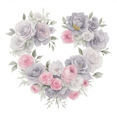 colorful Watercolor Flowers in Shape of Heart on White Background