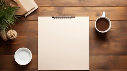  a cup of coffee and a notepad on a wooden table next to a pen and a cup of coffee.