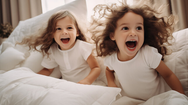 Two little children on the bed having fun Playing down pillow fights