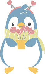 happy valentine's day with penguin holding heart shape plant, love concept, flat png cartoon character design transparent