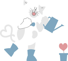 happy valentine's day with cat holding watering can planting heart shape plant, love concept, flat png cartoon character design transparent