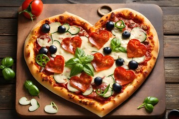 A heart shaped pizza with various toppings fresh from the oven pizza with salami and tomatoes