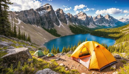 A beautiful mountainous region with a lake and tents pitched on the grassy shore.