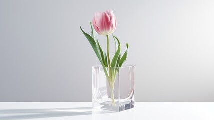  two pink tulips in a clear vase on a white countertop against a light gray back drop wall.