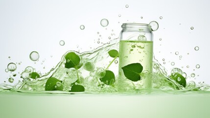  a glass jar filled with water and green leaves on top of a green liquid filled with water and green leaves on the bottom of the jar.