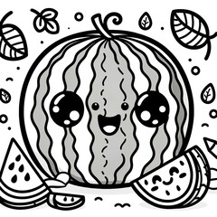 Black and White Cartoon Illustration of Funny Watermelon Fruit Character for Coloring Book
