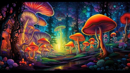  a painting of a group of mushrooms in a forest with a bright light at the end of the mushroom tunnel.