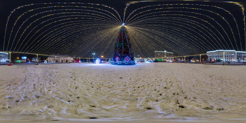 night full 360 panorama on square with Christmas tree with illumination in form of tent on new Year...