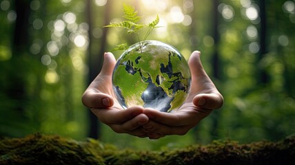 A globe cradled in hands with a lush forest backdrop, symbolizing the importance of sustainable practices for the health of the planet