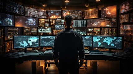 Fototapeta na wymiar A person in a command center monitoring data flows for anomalies, symbolizing the vigilant protection of information assets