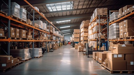 A warehouse with goods being organized and shipped, representing the efficient flow of products within the logistics system