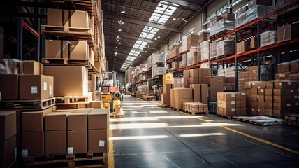 A warehouse with goods being organized and shipped, representing the efficient flow of products within the logistics system