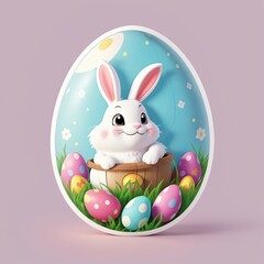 Easter funny bunny with eggs. Sticker.
