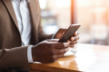 African man using smartphone while sitting at the wooden table. Blurred background. Closeup male hands touching mobile phone.