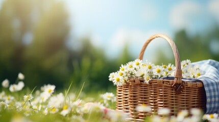 Picnic basket on the lawn in a chamomile field with copyspace
