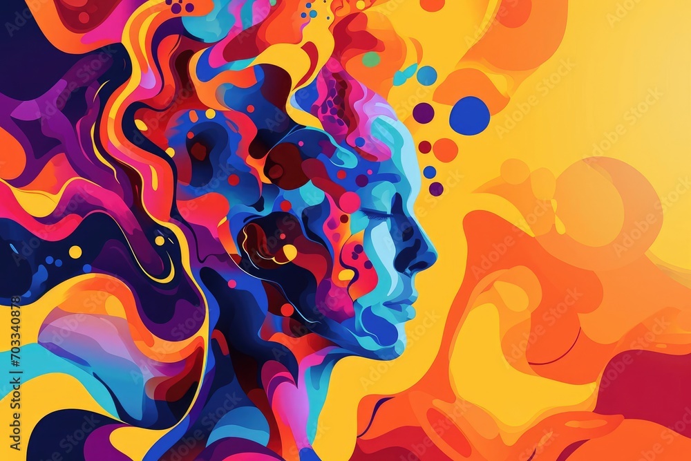 Poster a colorful psychedelic image representing mental health awareness with vibrant gradients and abstrac