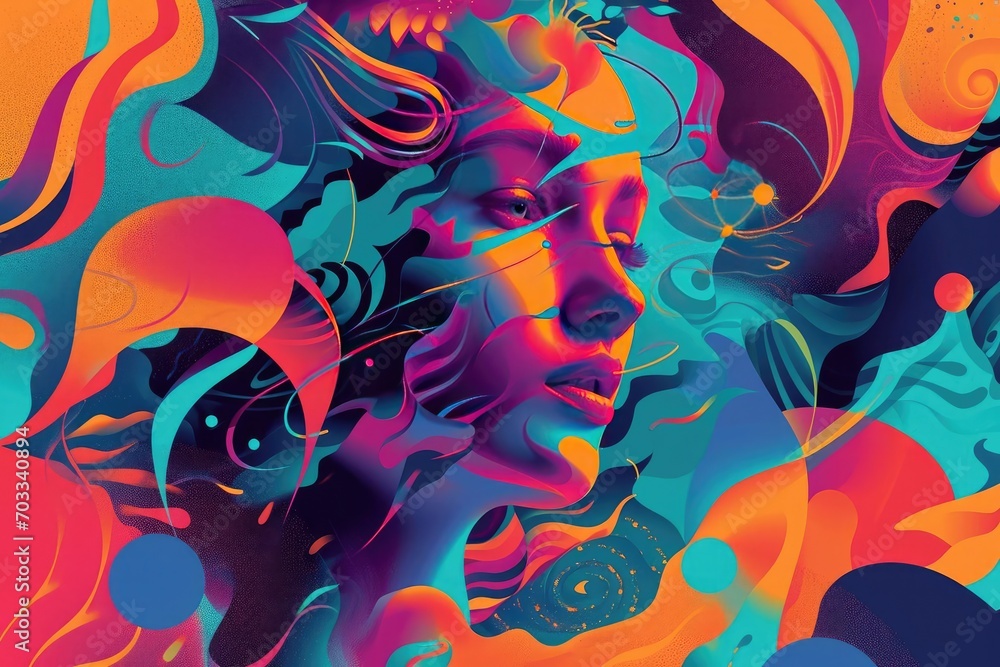Poster a colorful psychedelic image representing mental health awareness with vibrant gradients and abstrac