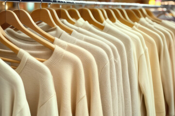 Fototapeta premium Pastel beige sweaters on hangers in a store.