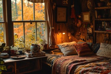 A cozy autumn scene Illustrating the beauty of fall with natural and cultural elements.
