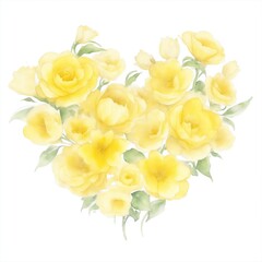 Yellow Watercolor Flowers in Shape of Heart on White Background