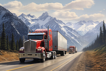 Large truck driving through countryside with mountains in background with Copy Space