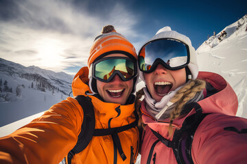 Fototapeta na wymiar Happy couple skiing, taking snowy selfie on mountain. Joyful winter moment captured