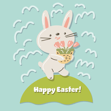 Easter card.  White Easter Bunny with flowers.  Hand-drawn illustration.