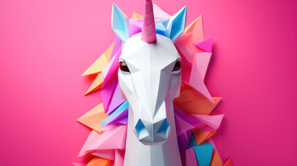 Whimsical Unicorn: A Playful, Colorful, and Magical Creature with a Geometric Pink and White Origami Paper Design on a Bright Blue Background