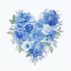 Blue Watercolor Flowers in Shape of Heart on White Background