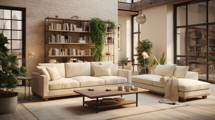 Stylish living room interior of modern apartment and trendy furniture, plants and elegant accessories. Home decor. Template, 3D render. Loft interior, industrial style. Interior in beige shades