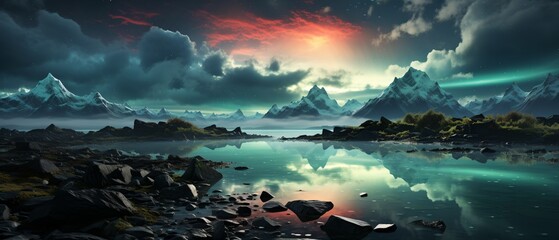 Mountains and aurora borealis reflected in a lake - obrazy, fototapety, plakaty