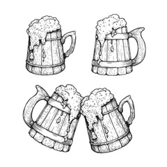 Wooden beer mugs set. Vintage mugs collection. Hand drawn sketch style. Best for brewery, pub menu designs. Vector illustrations.