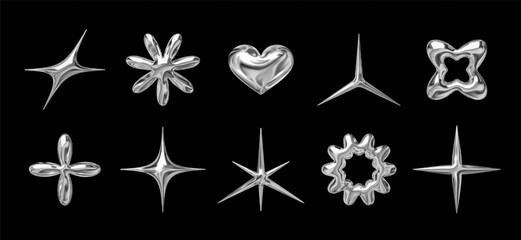 3d chrome glossy shapes set in y2k retro futuristic style. Liquid metallic star, heart, flower, and sparkle forms as isolated vector design elements for a 2000s aesthetic