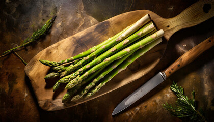 Close-up of a group of green asparagus on a wooden cutting board with a knife on a wooden table. Generative Ai.