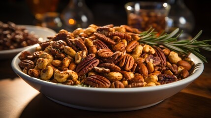  a close up of a bowl of nuts with a rosemary sprig on top of one of the nuts.