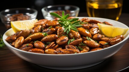 Obraz premium a close up of a bowl of nuts on a table with a lemon wedge and a glass of tea in the background.